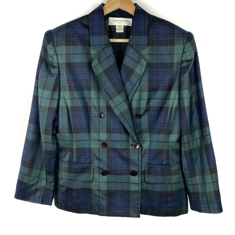 Jones New York Green and Navy Plaid Double-Breasted Blazer